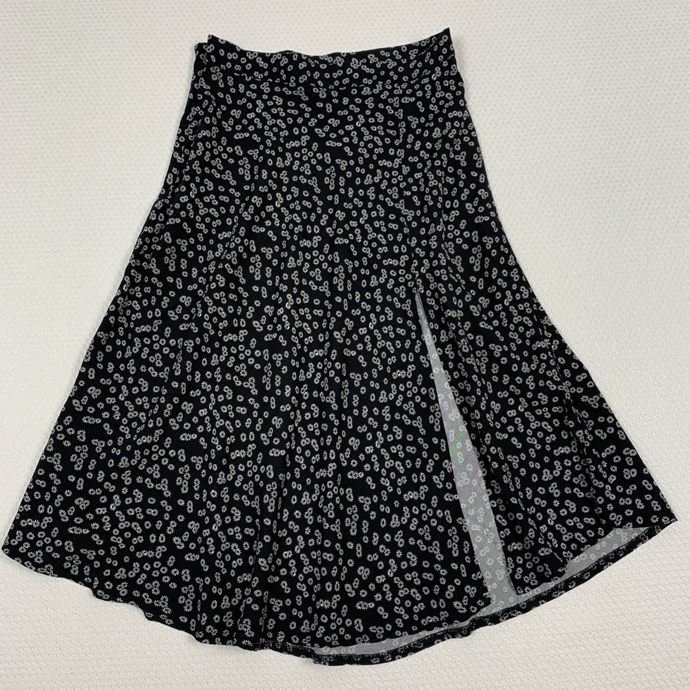 Shein Midi Skirt Women Small 28” Waist Black Ditsy Floral Front Slit Cottagecore